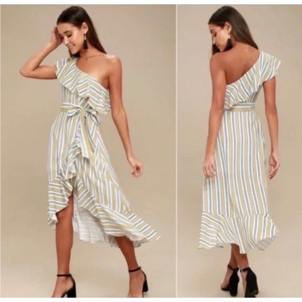 Lulus High Tide One-Shoulder Yellow & White Striped Midi Dress Size large